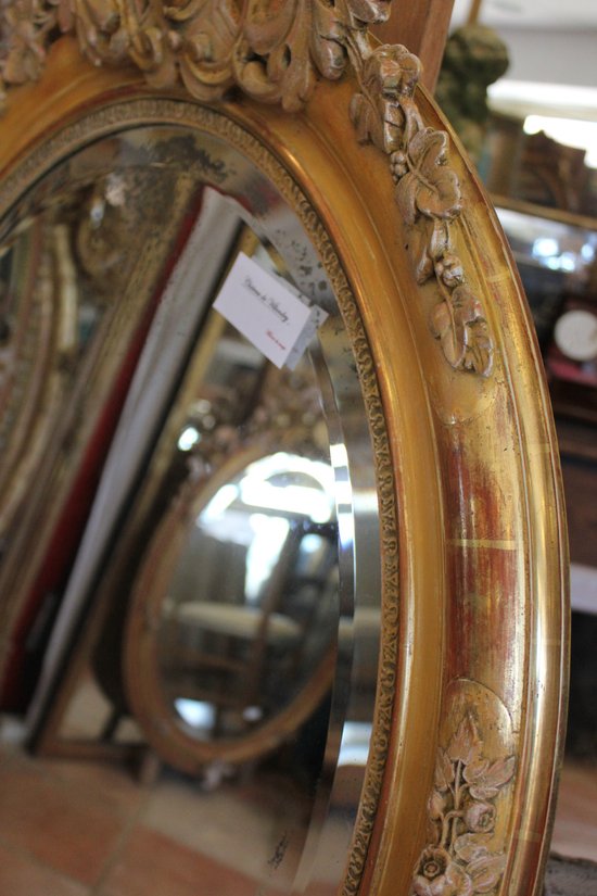 Oval Restoration Mirror, Gold Leaf, Patina, Beveled Mercury Glass 80 X 103 Cm