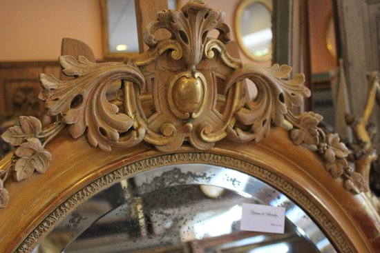 Oval Restoration Mirror, Gold Leaf, Patina, Beveled Mercury Glass 80 X 103 Cm
