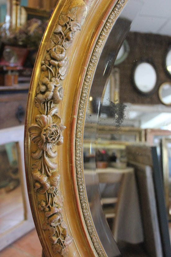 Oval Restoration Mirror, Gold Leaf, Patina, Beveled Mercury Glass 80 X 103 Cm
