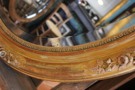 Oval Restoration Mirror, Gold Leaf, Patina, Beveled Mercury Glass 80 X 103 Cm