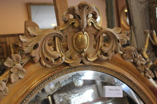 Oval Restoration Mirror, Gold Leaf, Patina, Beveled Mercury Glass 80 X 103 Cm