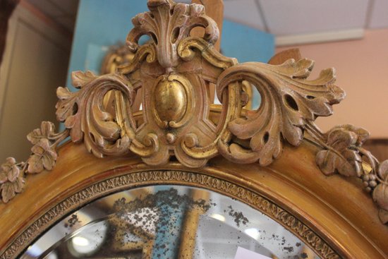 Oval Restoration Mirror, Gold Leaf, Patina, Beveled Mercury Glass 80 X 103 Cm