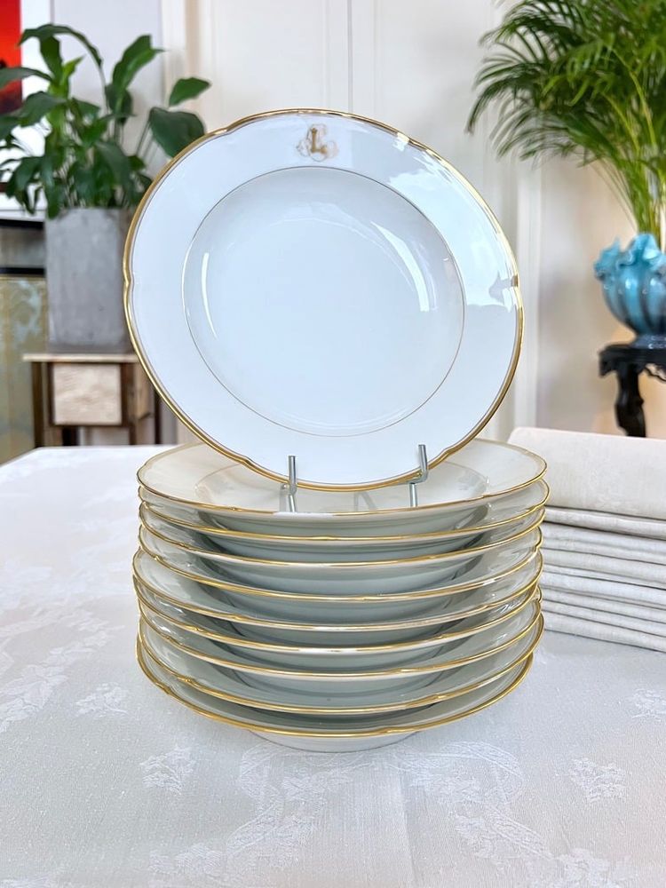 Set of 10 Limoges Porcelain Soup Plates - Jean Pouyat - Monograms - Vieux Paris