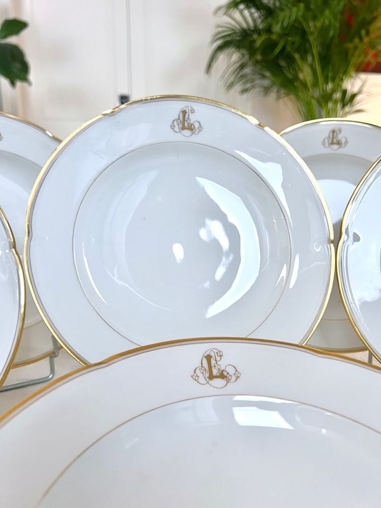 Set of 10 Limoges Porcelain Soup Plates - Jean Pouyat - Monograms - Vieux Paris