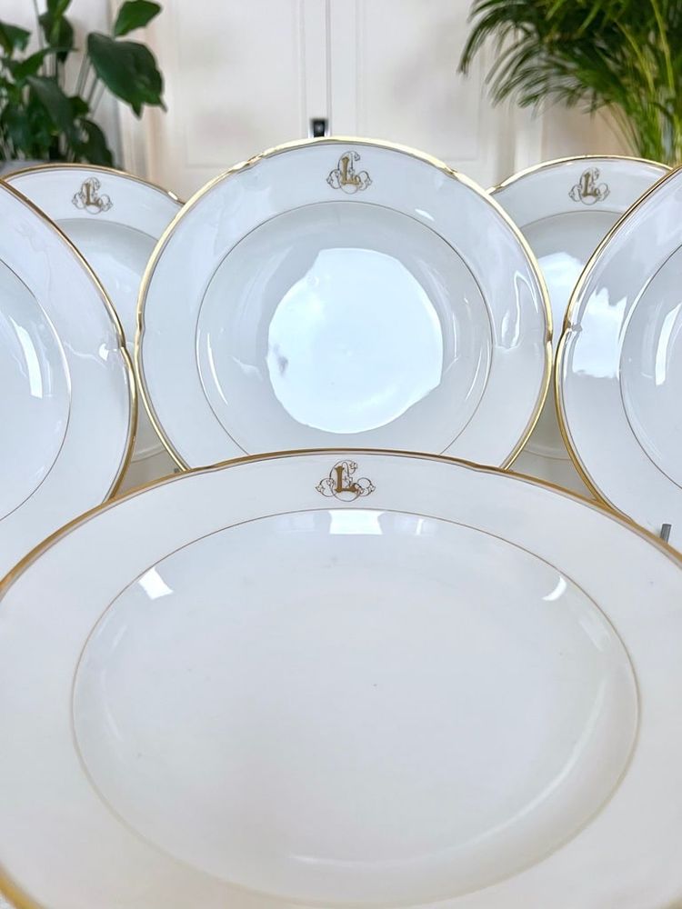 Set of 10 Limoges Porcelain Soup Plates - Jean Pouyat - Monograms - Vieux Paris