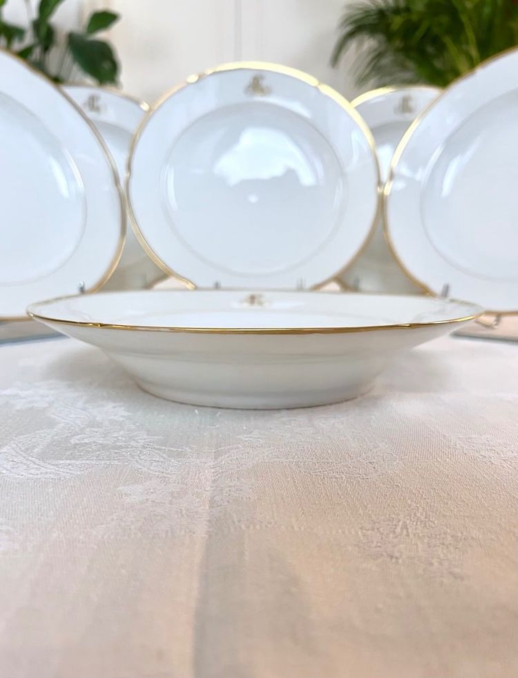 Set of 10 Limoges Porcelain Soup Plates - Jean Pouyat - Monograms - Vieux Paris