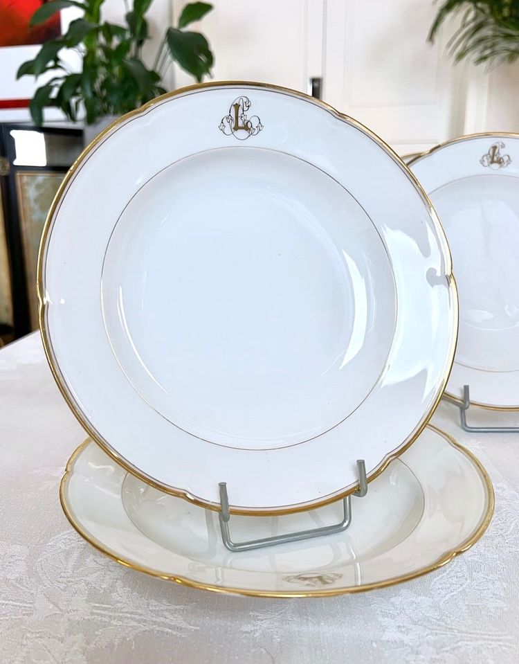 Set of 10 Limoges Porcelain Soup Plates - Jean Pouyat - Monograms - Vieux Paris