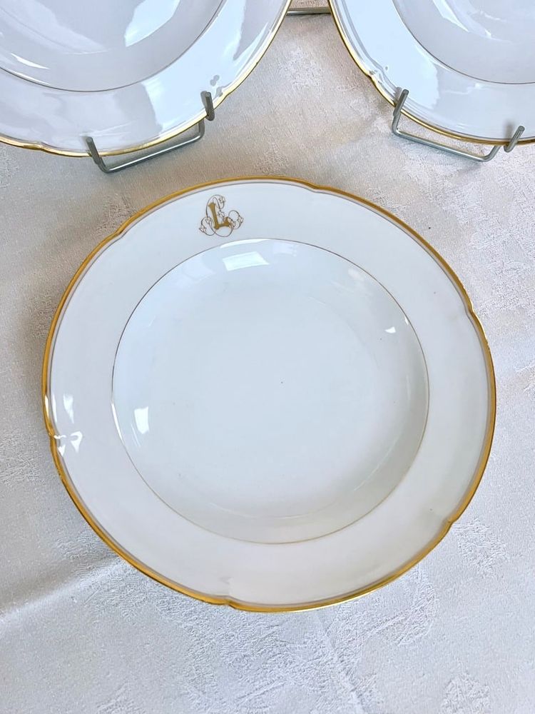 Set of 10 Limoges Porcelain Soup Plates - Jean Pouyat - Monograms - Vieux Paris