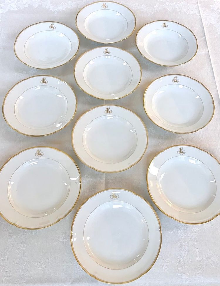 Set of 10 Limoges Porcelain Soup Plates - Jean Pouyat - Monograms - Vieux Paris