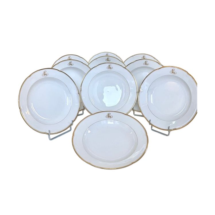 Set of 10 Limoges Porcelain Soup Plates - Jean Pouyat - Monograms - Vieux Paris