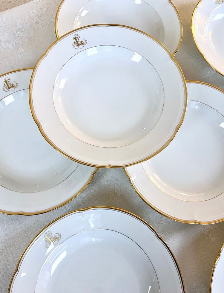 12 piatti da minestra Monogrammes - Porcellana di Limoges - Jean Pouyat - Vieux Paris