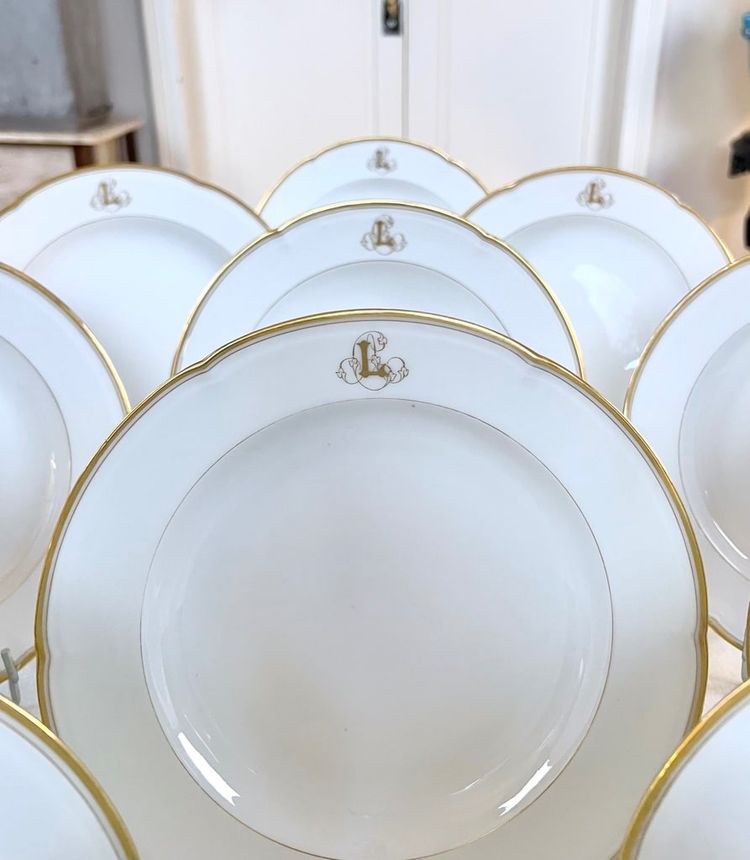 12 piatti da minestra Monogrammes - Porcellana di Limoges - Jean Pouyat - Vieux Paris