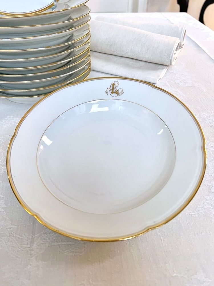 12 piatti da minestra Monogrammes - Porcellana di Limoges - Jean Pouyat - Vieux Paris