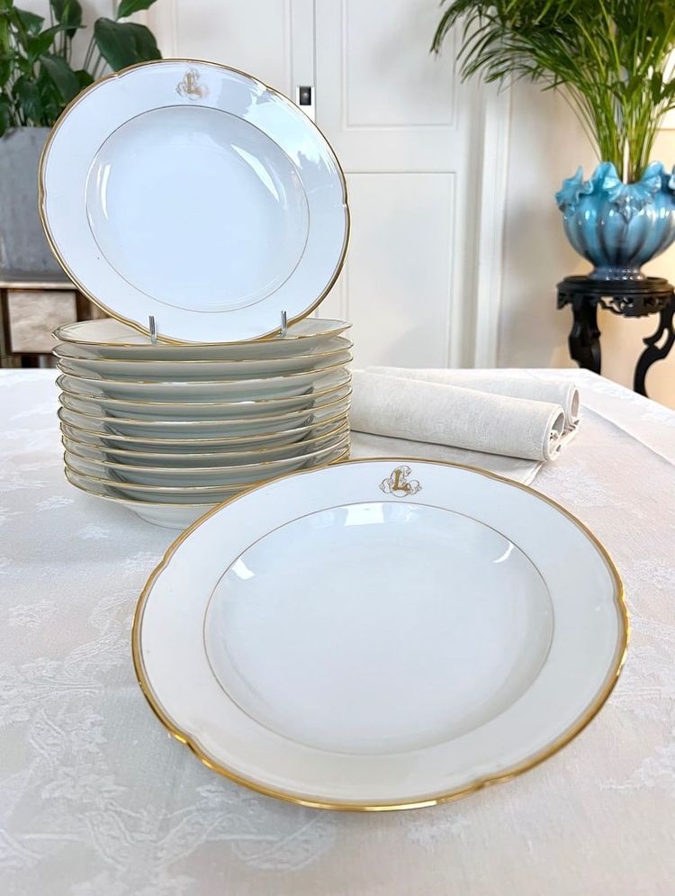 12 piatti da minestra Monogrammes - Porcellana di Limoges - Jean Pouyat - Vieux Paris