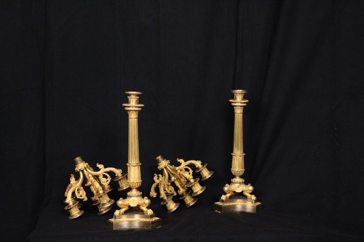 Coppia di candelabri a 6 luci in bronzo dorato, XIX secolo, periodo Luigi Filippo