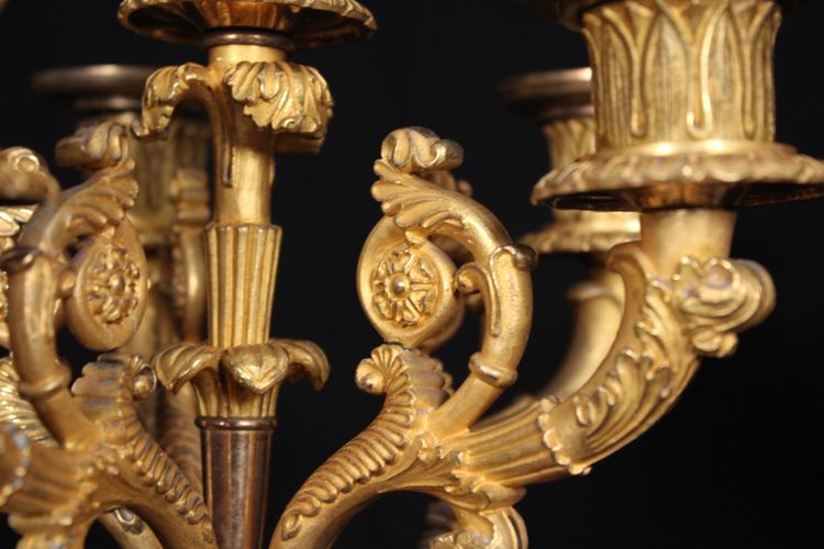 Coppia di candelabri a 6 luci in bronzo dorato, XIX secolo, periodo Luigi Filippo