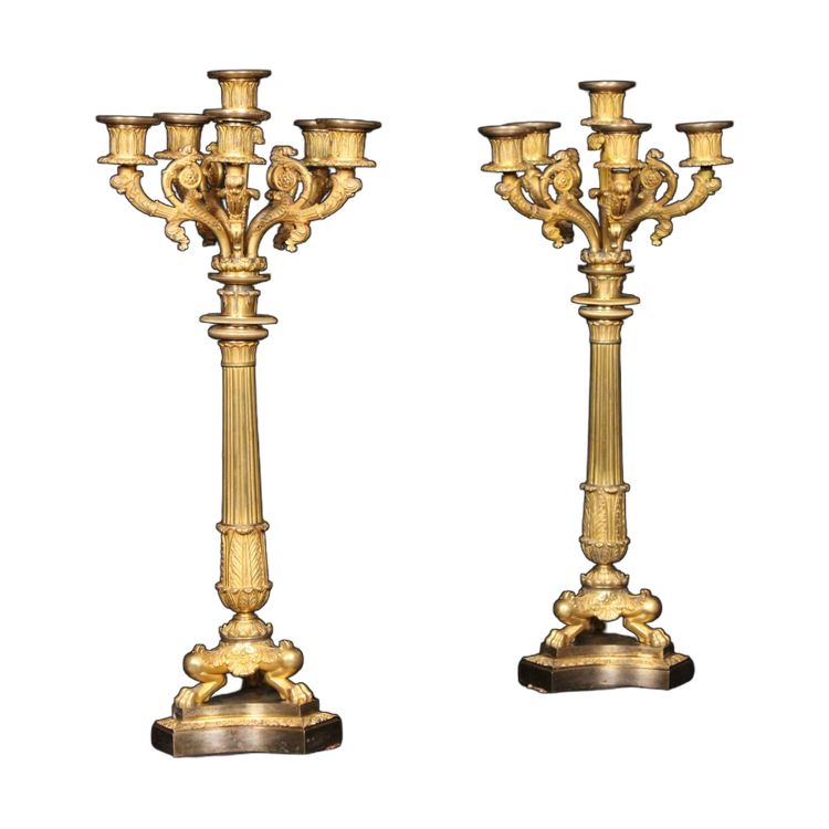 Coppia di candelabri a 6 luci in bronzo dorato, XIX secolo, periodo Luigi Filippo