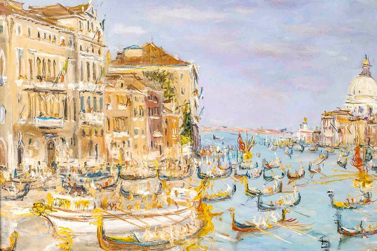 Serge Belloni (1925-2005) - Venise La Régate sur le Grand Canal huile sur toile vers 1980