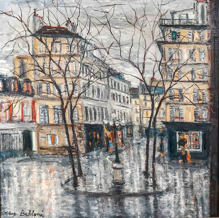 Serge Belloni (1925-2005) - Der Furstenbergplatz unter dem Regen Öl auf Leinwand um 1970