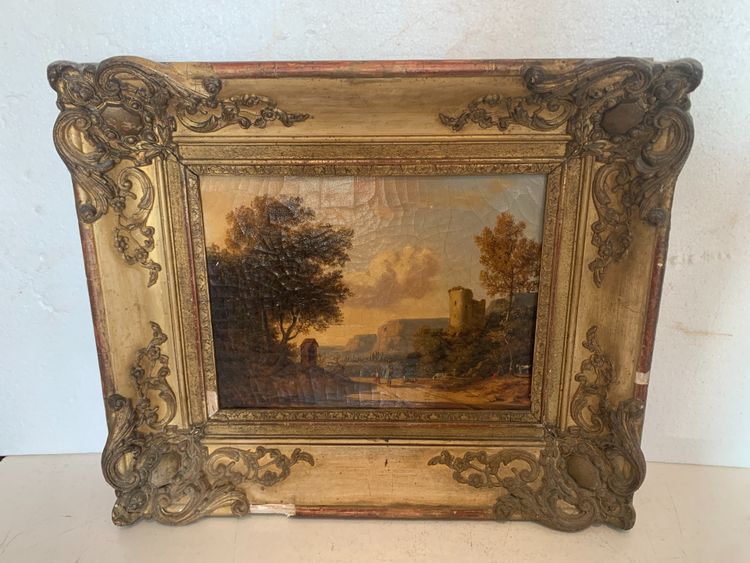Oil on canvas "Animated landscape" wood and gilded stucco frame 19th century