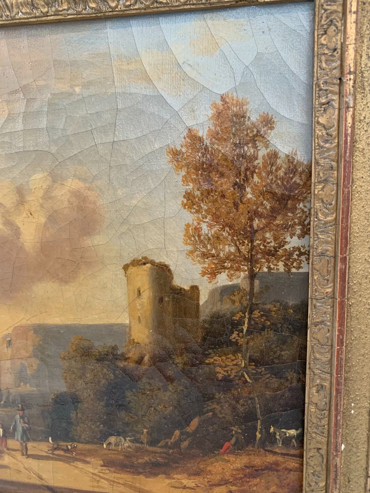 Oil on canvas "Animated landscape" wood and gilded stucco frame 19th century