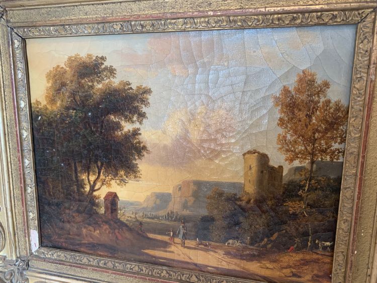 Oil on canvas "Animated landscape" wood and gilded stucco frame 19th century