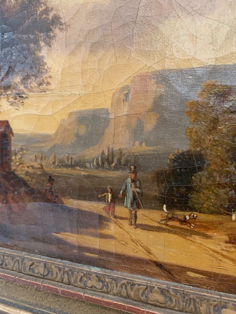 Oil on canvas "Animated landscape" wood and gilded stucco frame 19th century