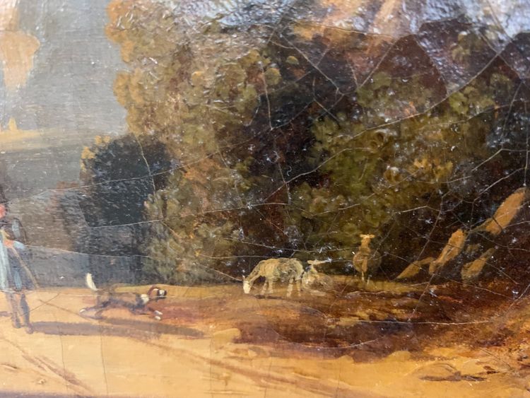 Oil on canvas "Animated landscape" wood and gilded stucco frame 19th century