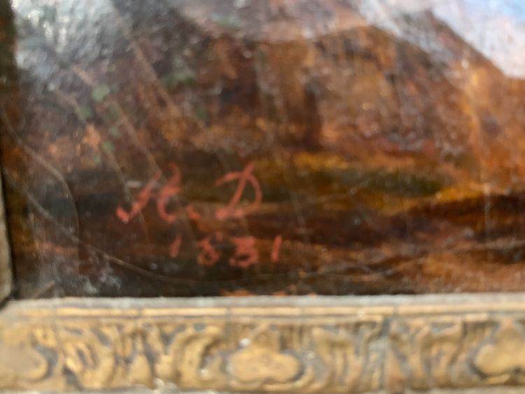 Oil on canvas "Animated landscape" wood and gilded stucco frame 19th century