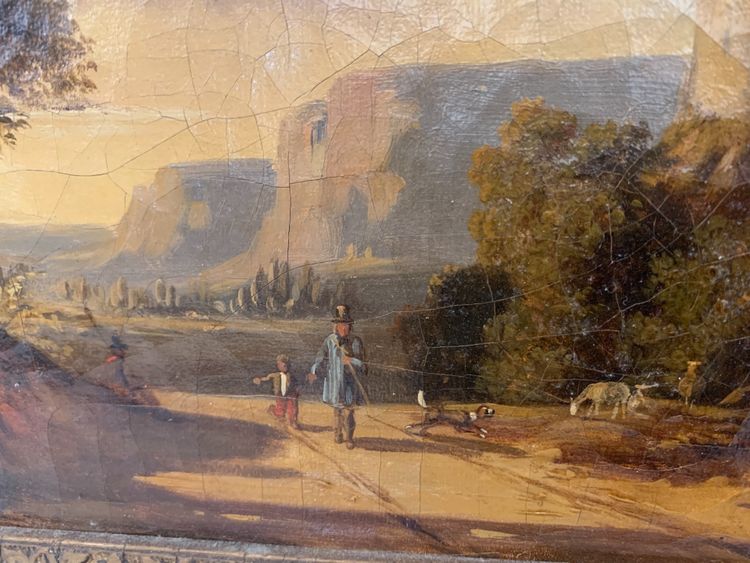 Oil on canvas "Animated landscape" wood and gilded stucco frame 19th century