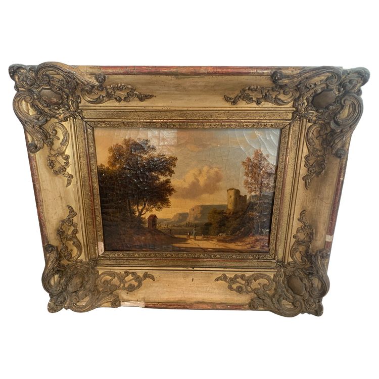 Oil on canvas "Animated landscape" wood and gilded stucco frame 19th century