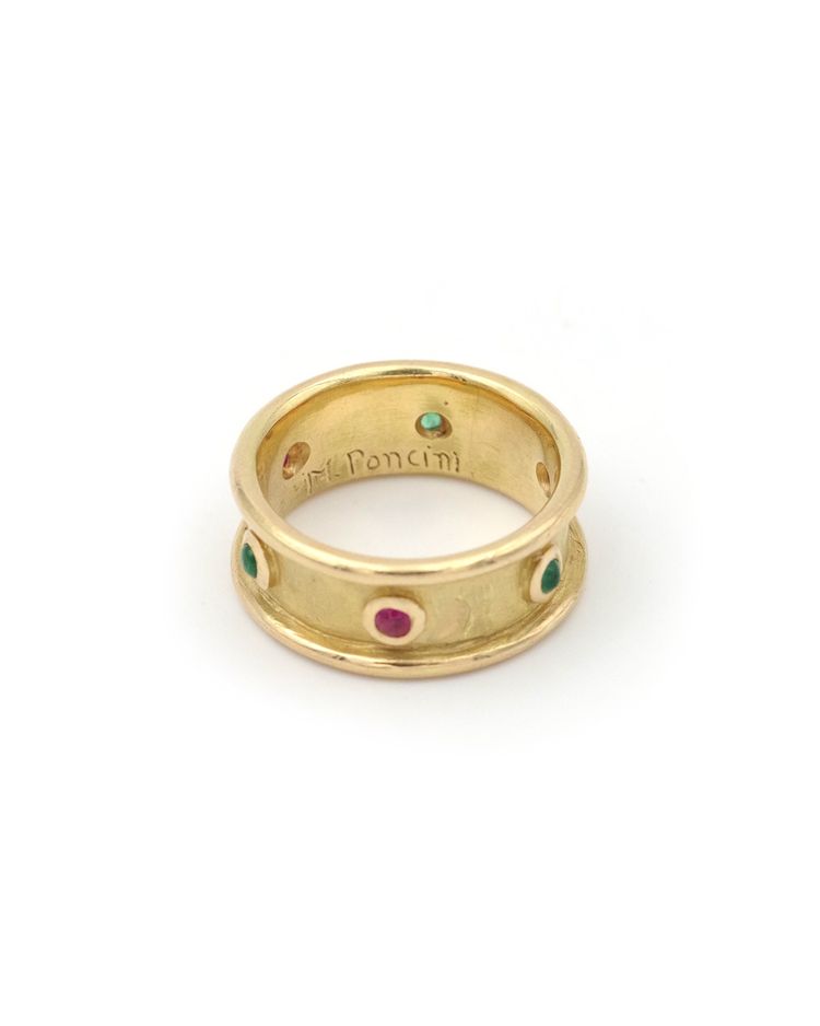 Ruby emerald band ring in 18k gold, "Archeology Revival", ruby and emerald cabochon