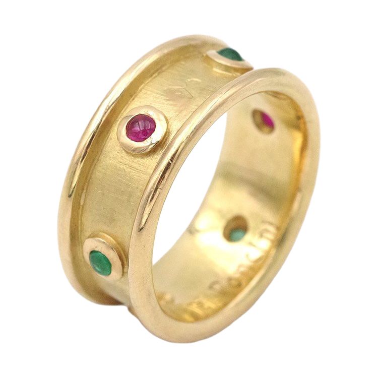 Ruby emerald band ring in 18k gold, "Archeology Revival", ruby and emerald cabochon