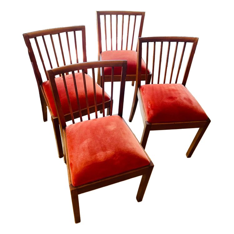 Set di 4 sedie in legno marrone con sedute in velluto rosso mattone, vintage
