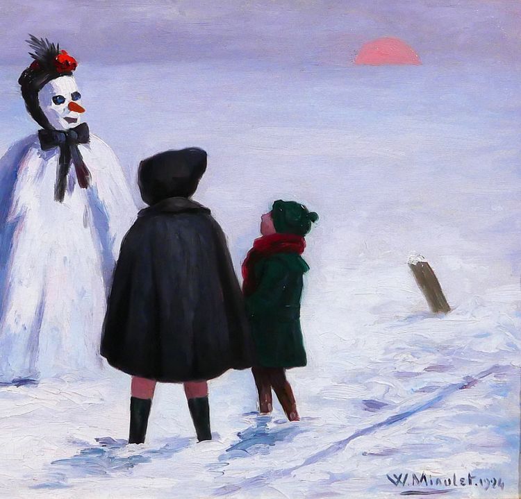 William Jean MIAULET 1868-1941 Il pupazzo di neve dei bambini, paesaggio, dipinto 1924 giochi di montagna