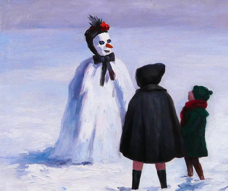 William Jean MIAULET 1868-1941 Il pupazzo di neve dei bambini, paesaggio, dipinto 1924 giochi di montagna