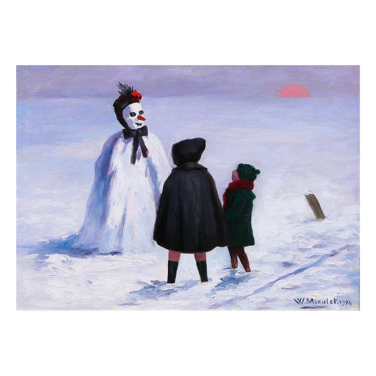 William Jean MIAULET 1868-1941 Il pupazzo di neve dei bambini, paesaggio, dipinto 1924 giochi di montagna