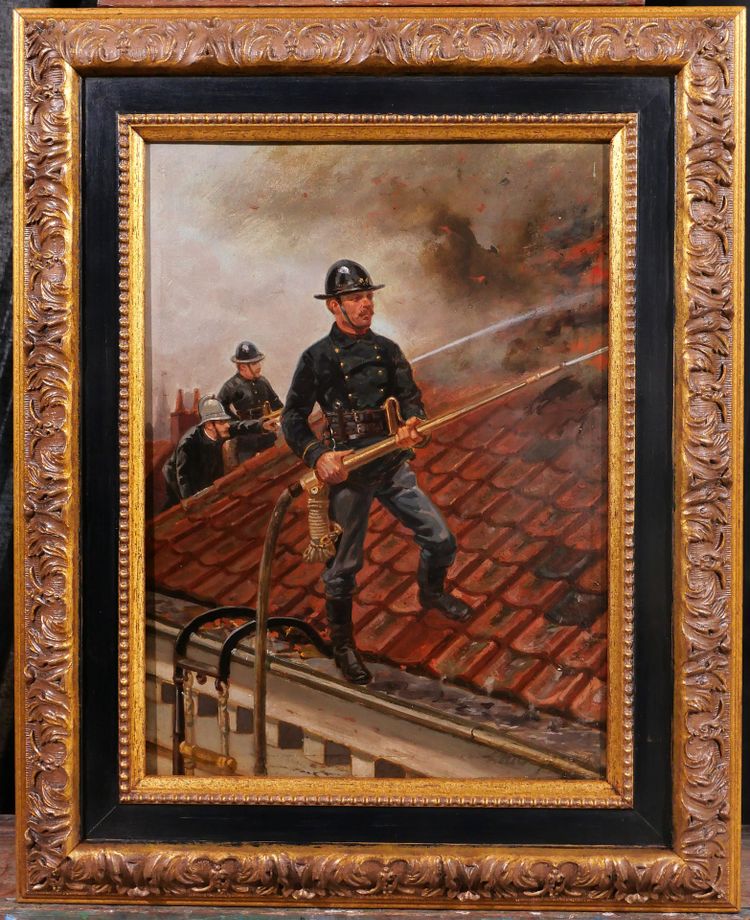 Louis GEENS 1835-1906 Pompieri che combattono un incendio a Gand, dipinto, 1877 sapeurs-pompiers Belgio