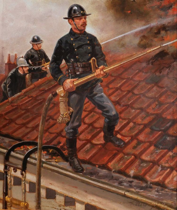 Louis GEENS 1835-1906 Pompieri che combattono un incendio a Gand, dipinto, 1877 sapeurs-pompiers Belgio