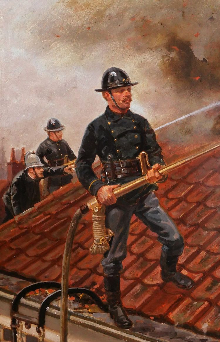 Louis GEENS 1835-1906 Pompieri che combattono un incendio a Gand, dipinto, 1877 sapeurs-pompiers Belgio