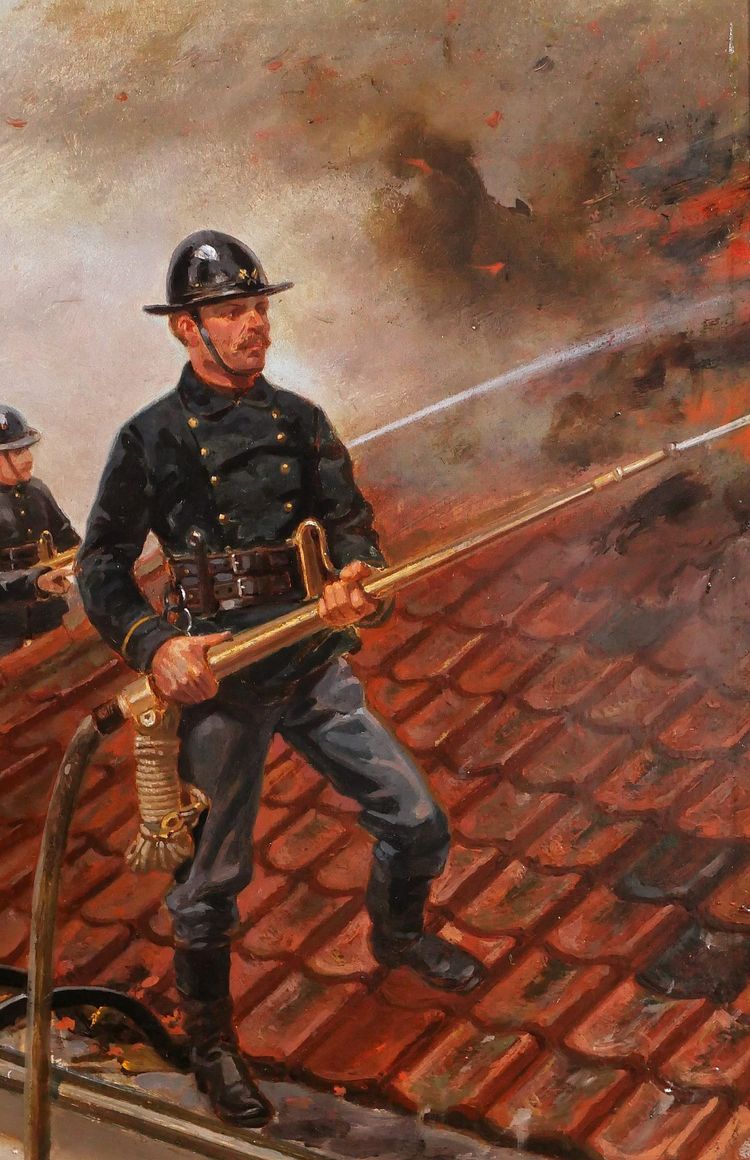 Louis GEENS 1835-1906 Pompieri che combattono un incendio a Gand, dipinto, 1877 sapeurs-pompiers Belgio