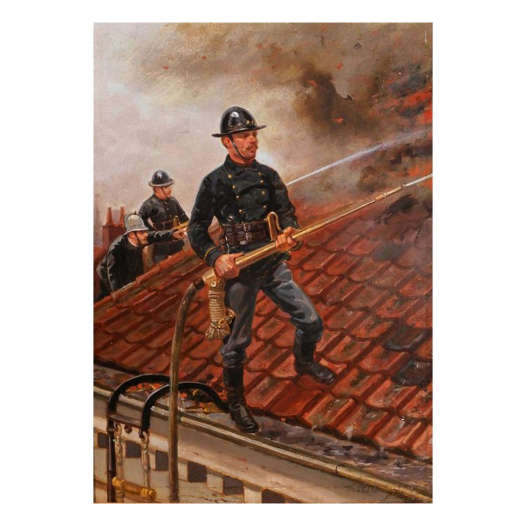 Louis GEENS 1835-1906 Pompieri che combattono un incendio a Gand, dipinto, 1877 sapeurs-pompiers Belgio