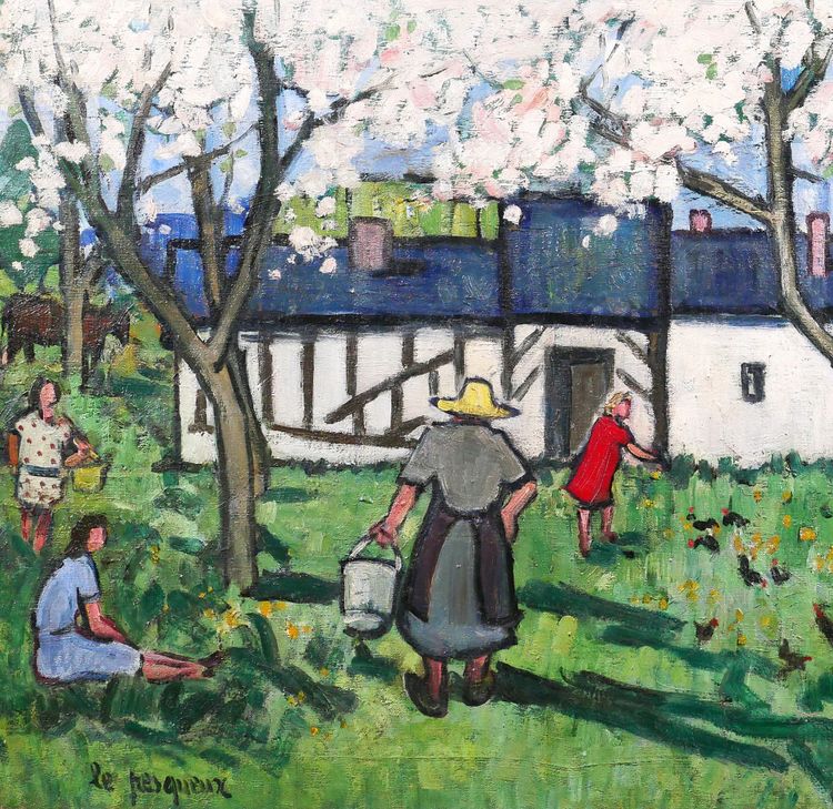 Henriette Le Pesqueux, Spring on the farm in Normandy, painting, c. 1930-40, flowering tree