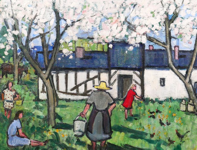 Henriette Le Pesqueux, Spring on the farm in Normandy, painting, c. 1930-40, flowering tree