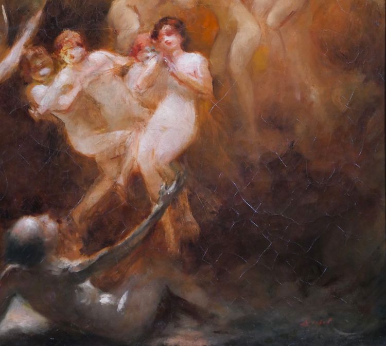 Pierre POUJOL, La tentazione di Sant'Antonio, dipinto religioso, 1890 circa Marsiglia, donna nuda