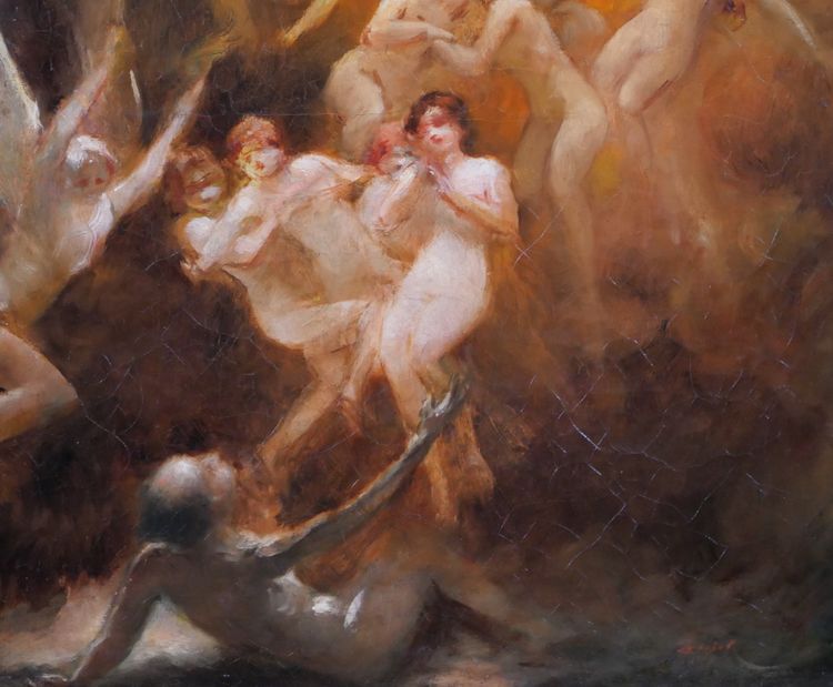 Pierre POUJOL, La tentazione di Sant'Antonio, dipinto religioso, 1890 circa Marsiglia, donna nuda