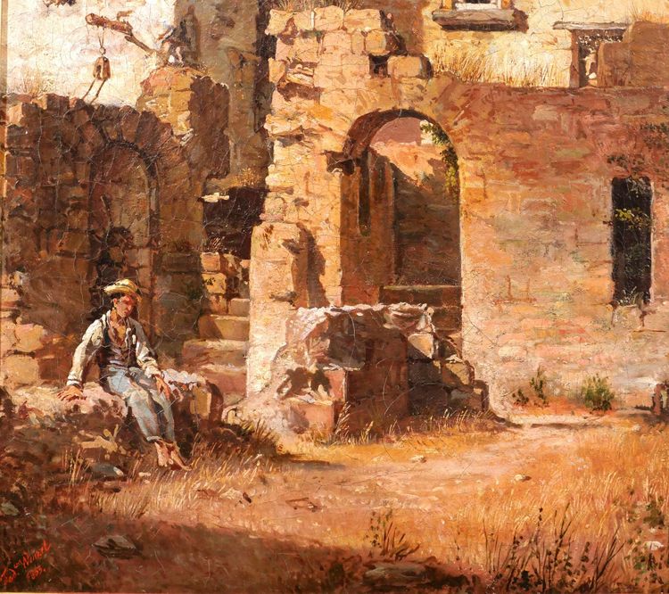Federico WENZEL, Italie, paysage de ruines, tableau, 1863, Grand Tour Antiquité homme