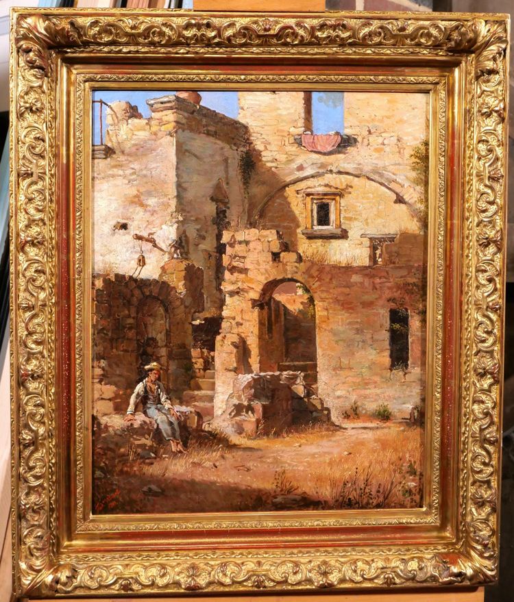 Federico WENZEL, Italie, paysage de ruines, tableau, 1863, Grand Tour Antiquité homme