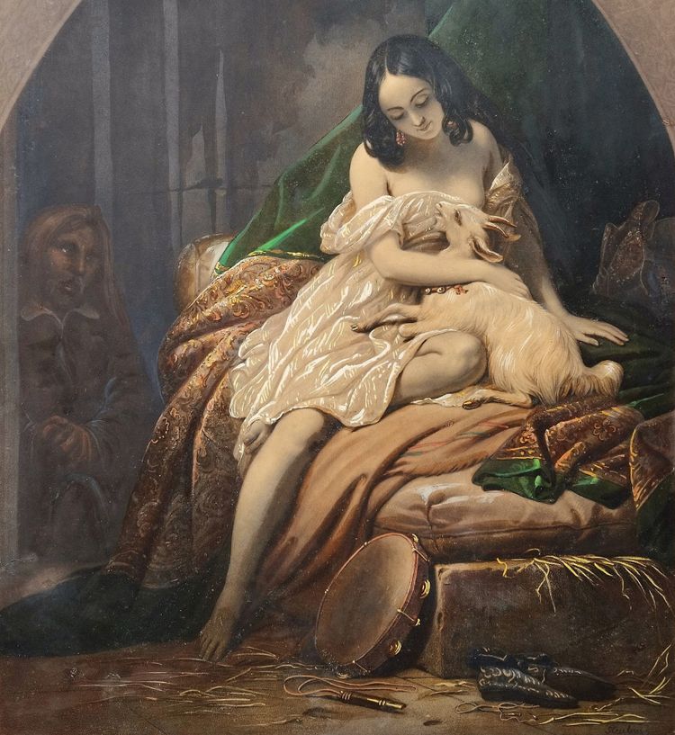 Incisione a colori Esmeralda e Quasimodo dopo Steuben XIX secolo Notre-Dame de Paris