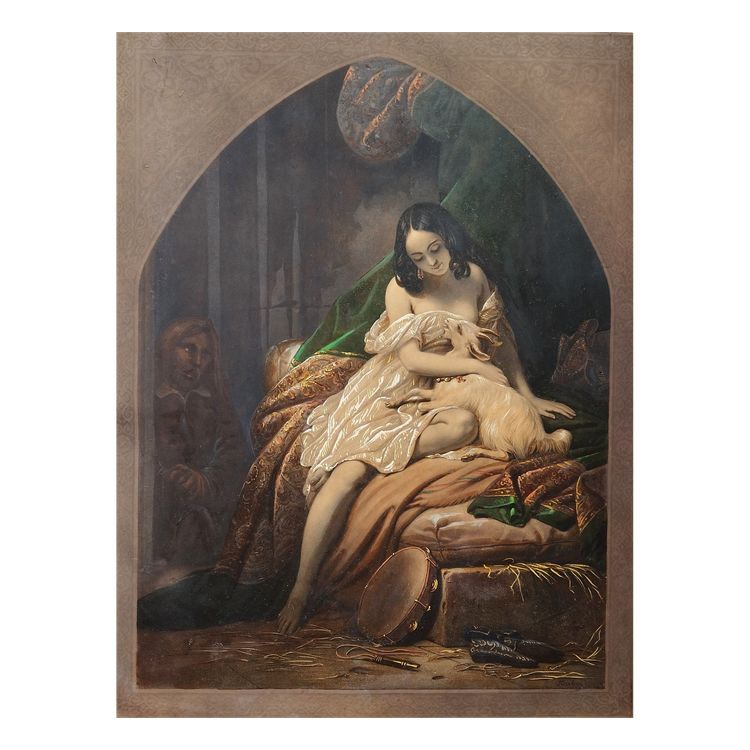 Incisione a colori Esmeralda e Quasimodo dopo Steuben XIX secolo Notre-Dame de Paris